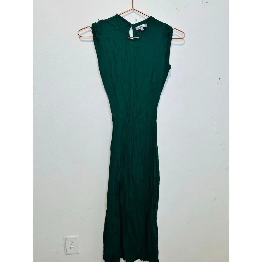 REFORMATION Emerald Green A-Line Crewneck Cap Sleeves Gavin Midi Dress Size 4 - Picture 3 of 12